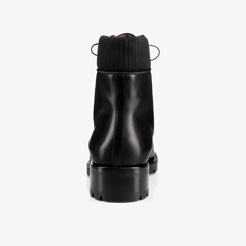Black Patinated Calfskin Combat Boot with Grosgrain Trim