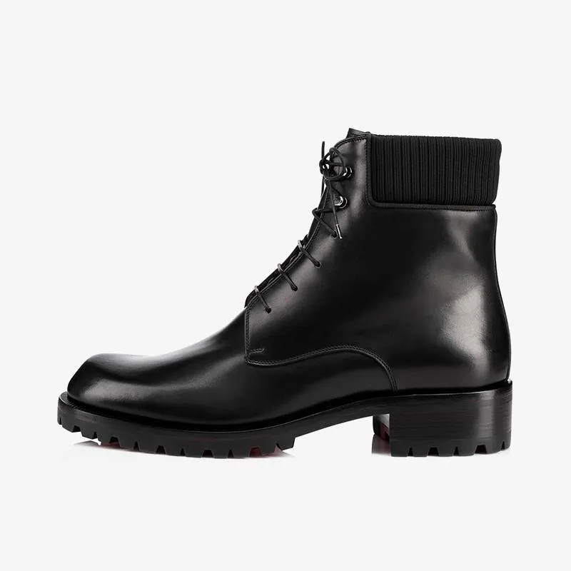 Black Patinated Calfskin Combat Boot with Grosgrain Trim