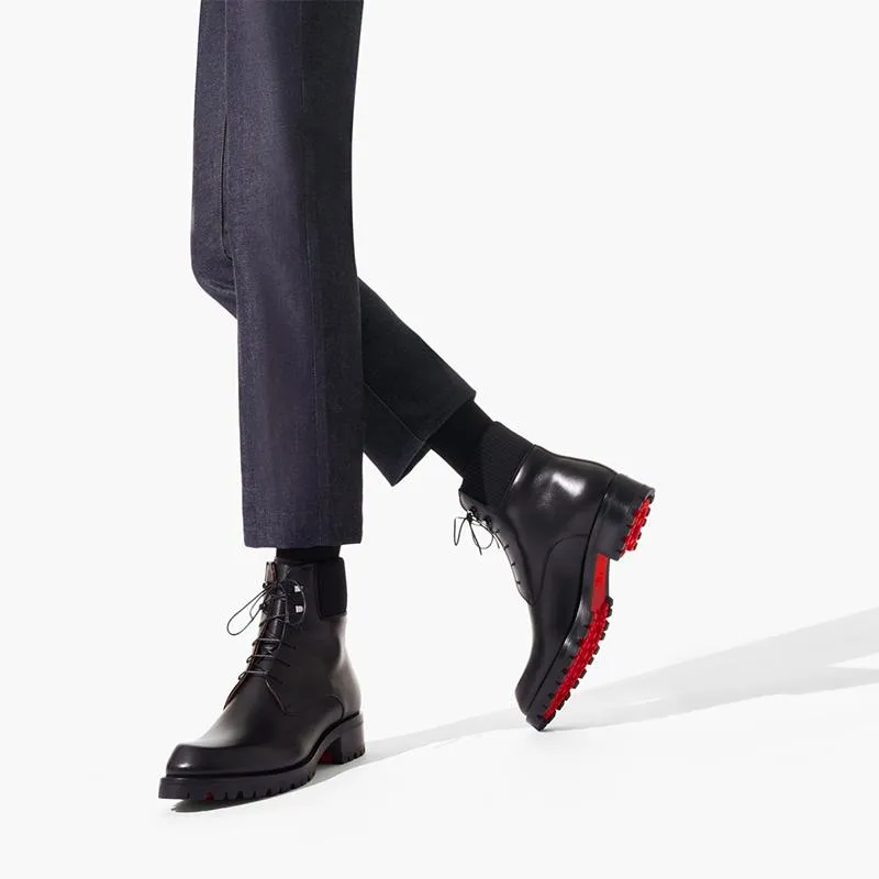 Black Patinated Calfskin Combat Boot with Grosgrain Trim