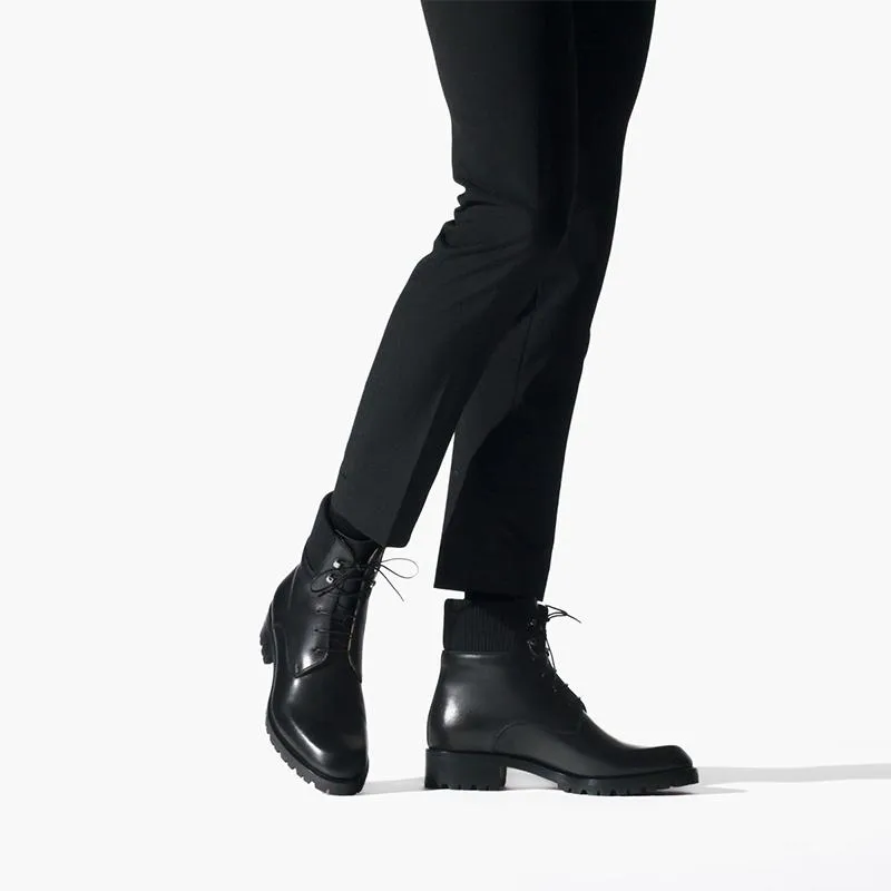 Black Patinated Calfskin Combat Boot with Grosgrain Trim