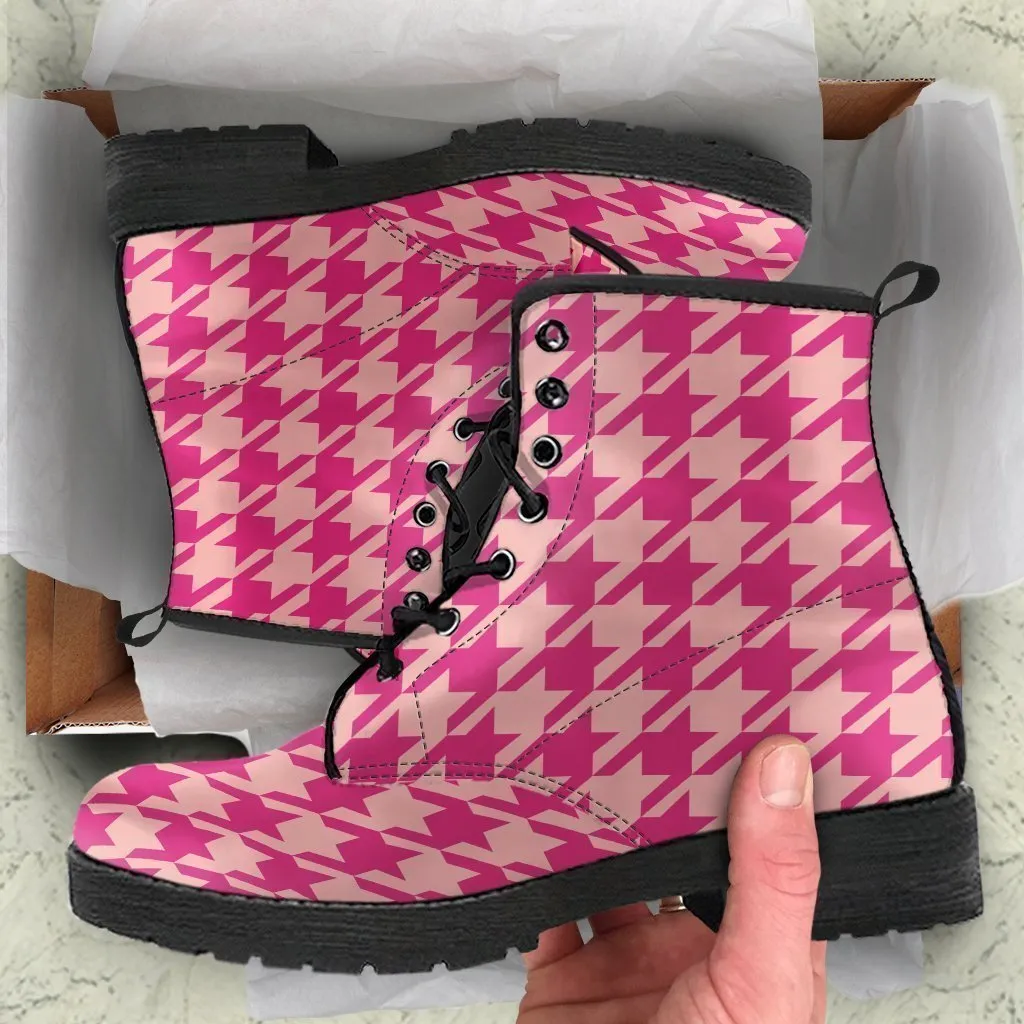 Combat Boots - Pink Houndstooth | Blush Pink Boots, Kawaii Shoes, Pink Flat Boots, Boho Shoes, Handmade Lace Up Boots, 90s Boots, 2000s Boot