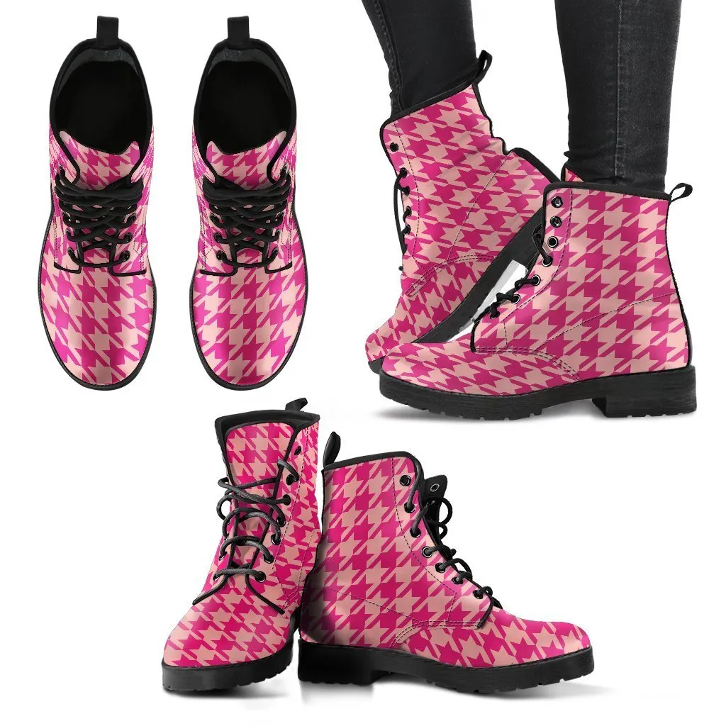 Combat Boots - Pink Houndstooth | Blush Pink Boots, Kawaii Shoes, Pink Flat Boots, Boho Shoes, Handmade Lace Up Boots, 90s Boots, 2000s Boot