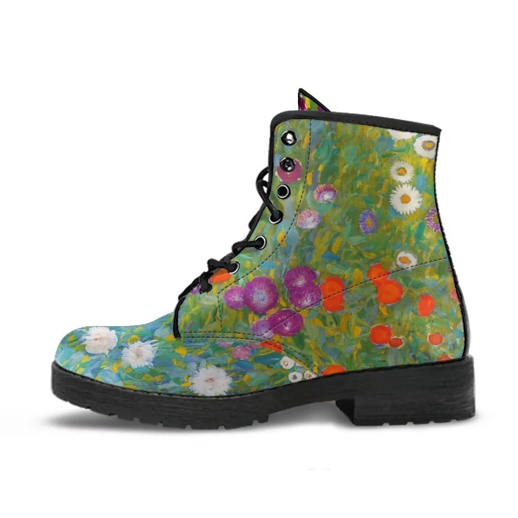 Combat Boots - Vintage Art | Gustav Klimt: Bauerngarten | Custom Shoes, Vegan Leather Lace Up Boots, 90s Boots, 2000s Boots, Cool Shoes