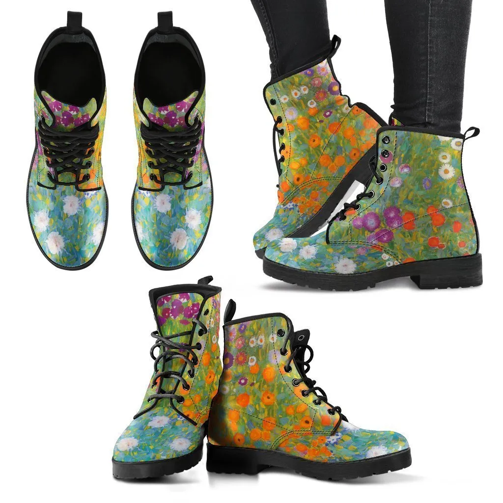Combat Boots - Vintage Art | Gustav Klimt: Bauerngarten | Custom Shoes, Vegan Leather Lace Up Boots, 90s Boots, 2000s Boots, Cool Shoes
