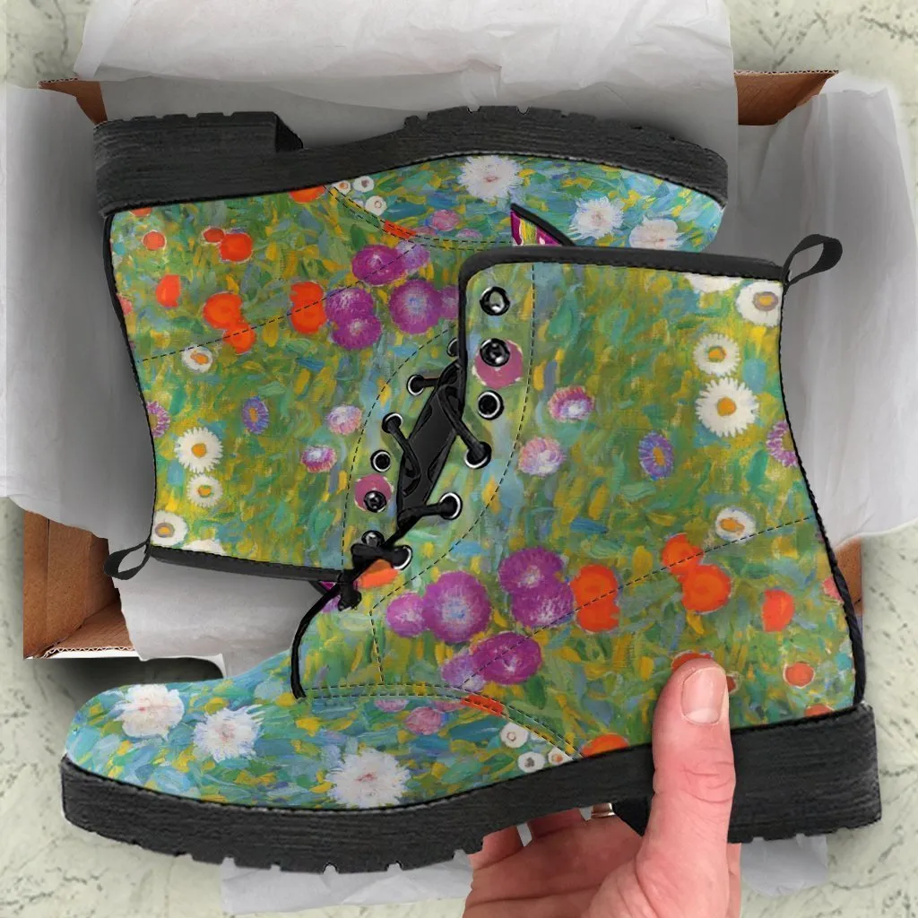 Combat Boots - Vintage Art | Gustav Klimt: Bauerngarten | Custom Shoes, Vegan Leather Lace Up Boots, 90s Boots, 2000s Boots, Cool Shoes