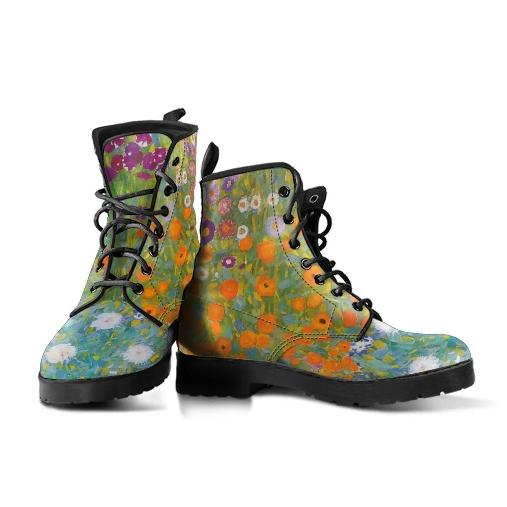 Combat Boots - Vintage Art | Gustav Klimt: Bauerngarten | Custom Shoes, Vegan Leather Lace Up Boots, 90s Boots, 2000s Boots, Cool Shoes
