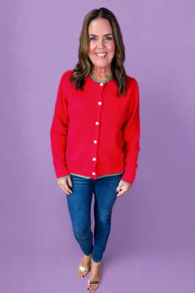 Cozy Soft Green Trim Button Down Red Cardigan