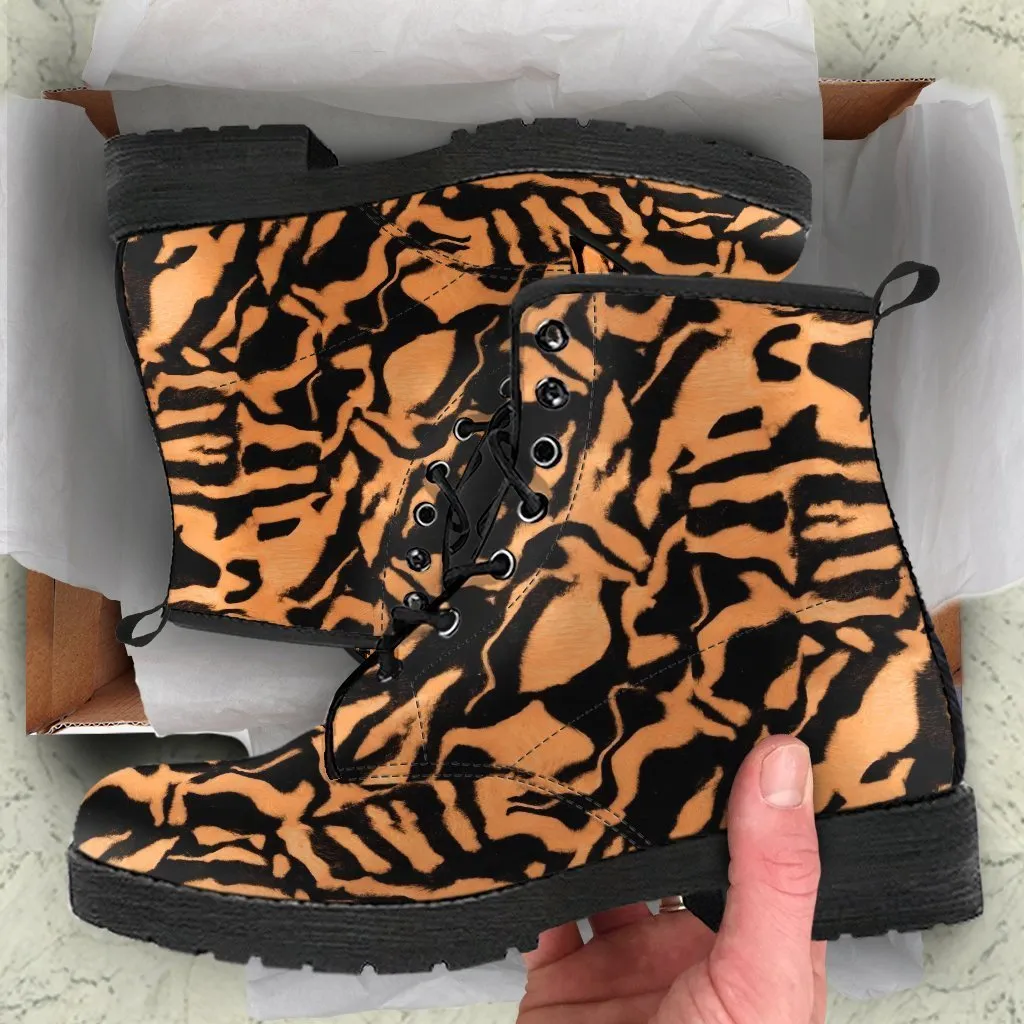 Fashion Combat Boots - Tiger Print #101 | Vegan Leather, Vegan Shoes, Custom Shoes Women, Women's Boots, Unisex Boots, Animal Print