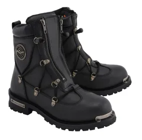 MBM9075 Men's Black Leather 6-inch Plain Toe Dual Zipper Motorcycle Rider Boots