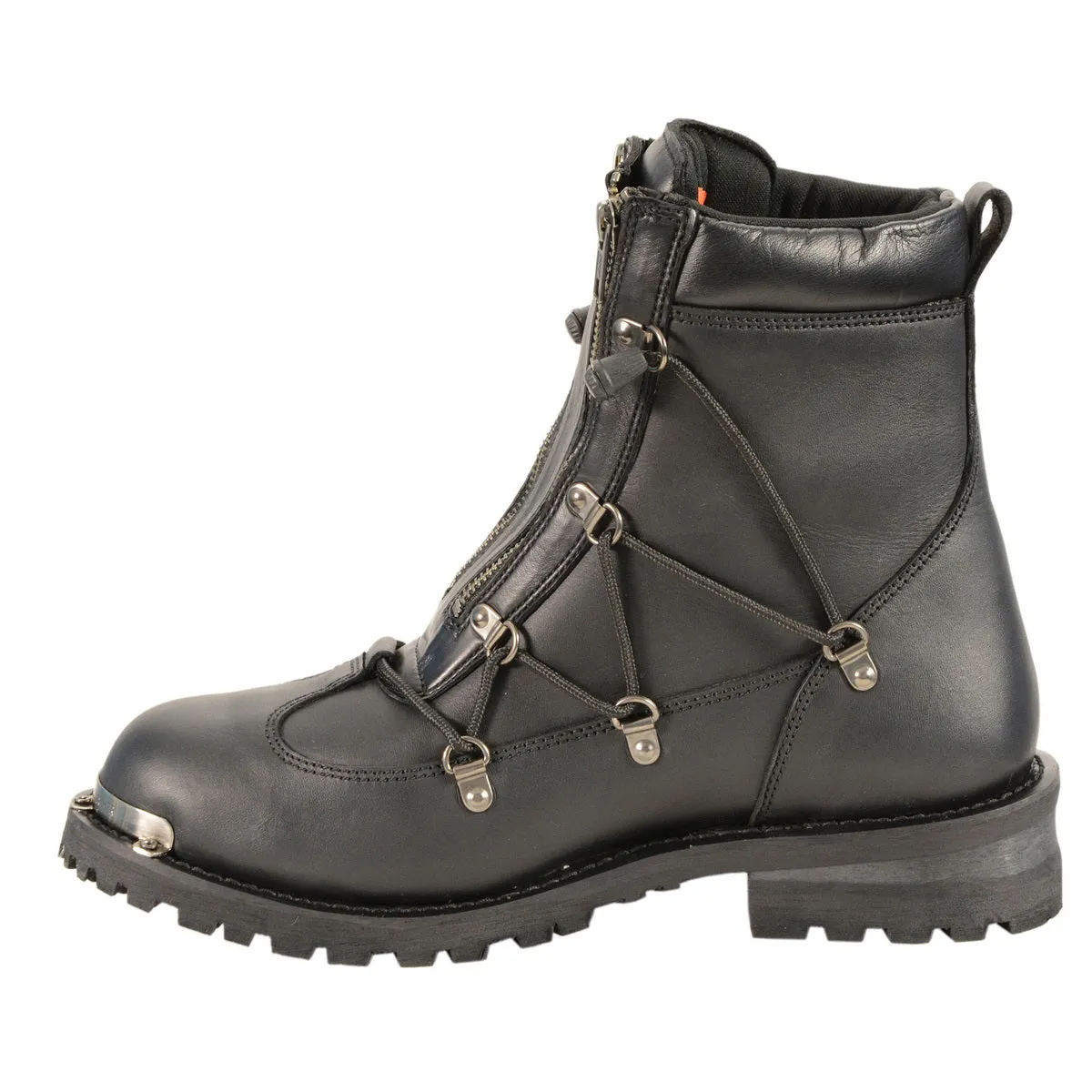 MBM9075 Men's Black Leather 6-inch Plain Toe Dual Zipper Motorcycle Rider Boots