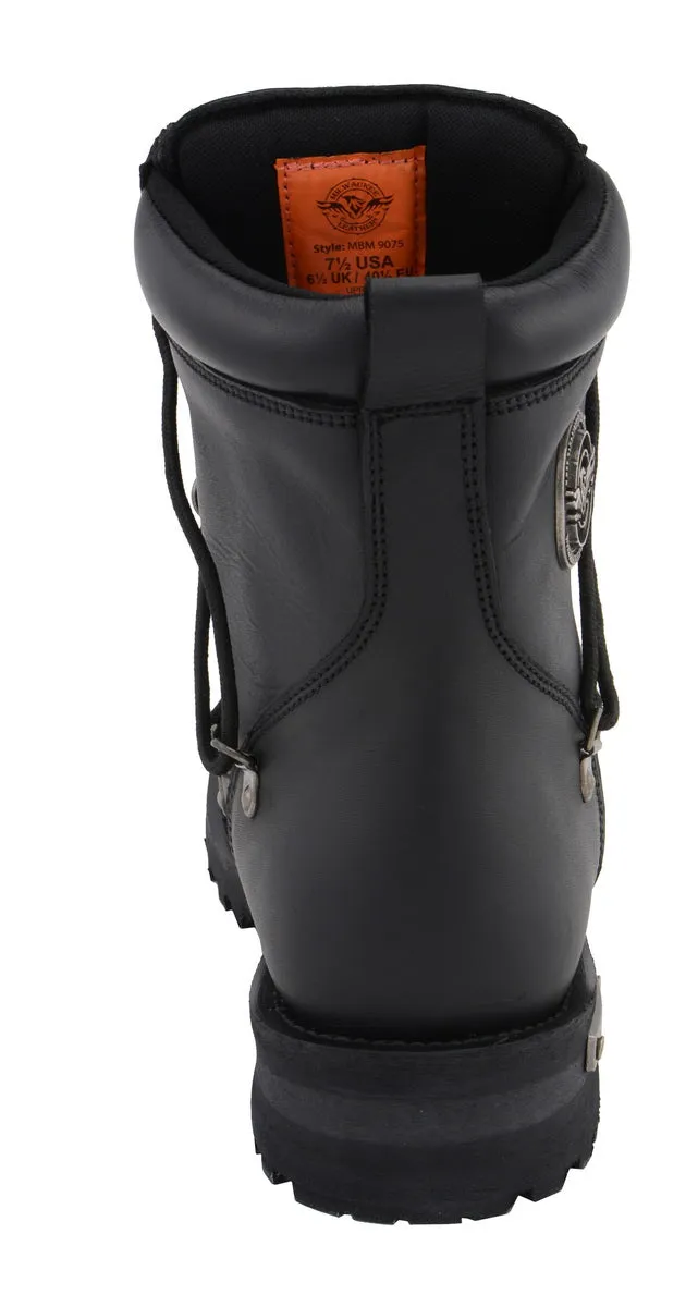 MBM9075 Men's Black Leather 6-inch Plain Toe Dual Zipper Motorcycle Rider Boots