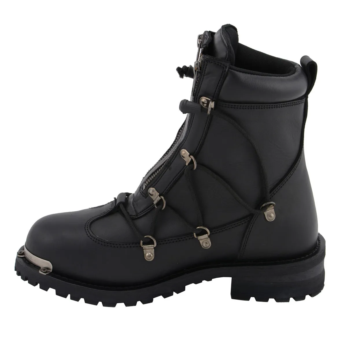 MBM9075 Men's Black Leather 6-inch Plain Toe Dual Zipper Motorcycle Rider Boots