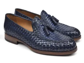 Paul Parkman Woven Leather Tassel Loafers, Navy