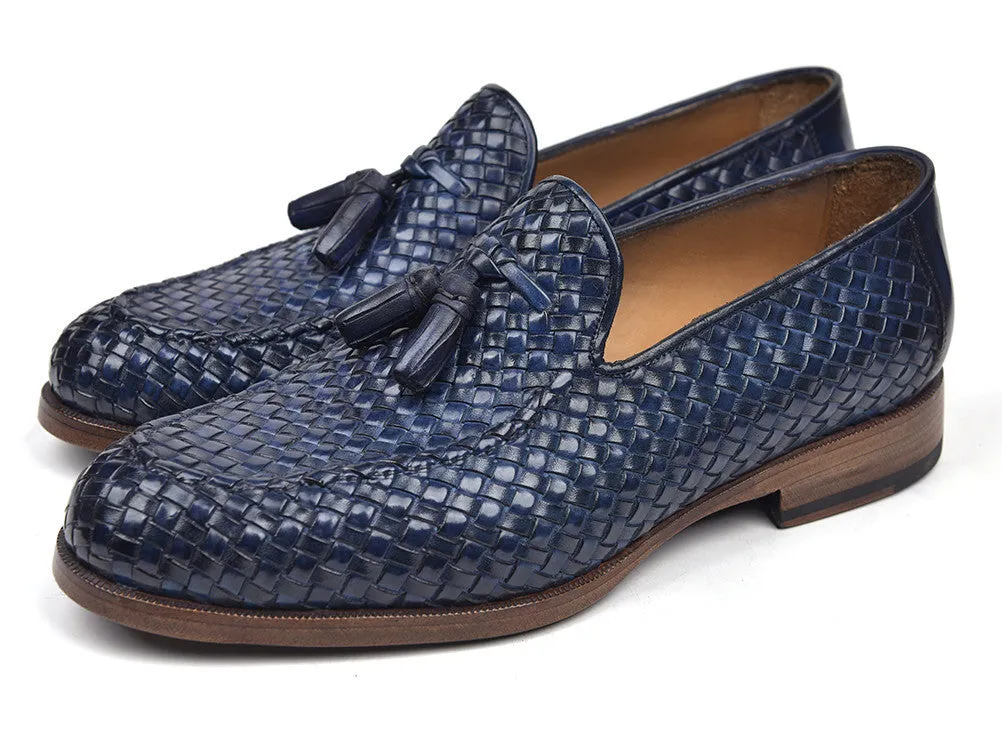 Paul Parkman Woven Leather Tassel Loafers, Navy