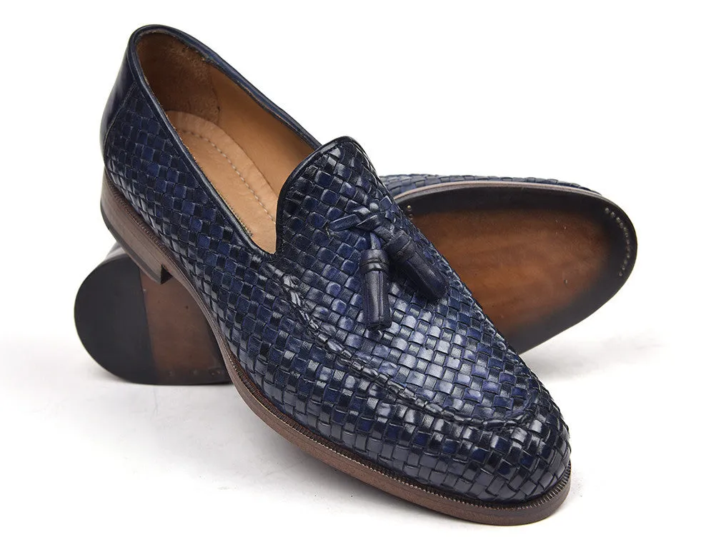 Paul Parkman Woven Leather Tassel Loafers, Navy