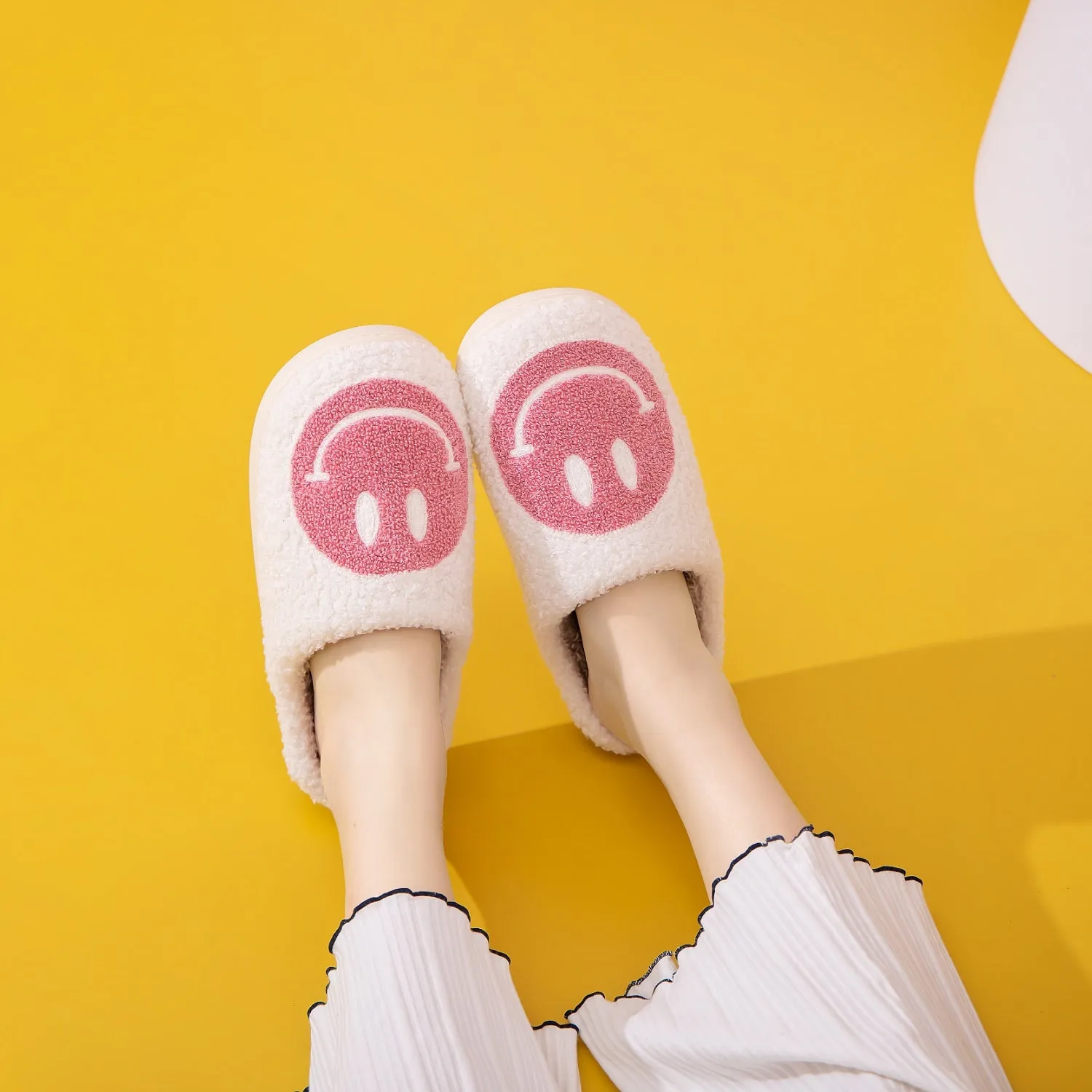 Smiley Face Slippers - White with Pink