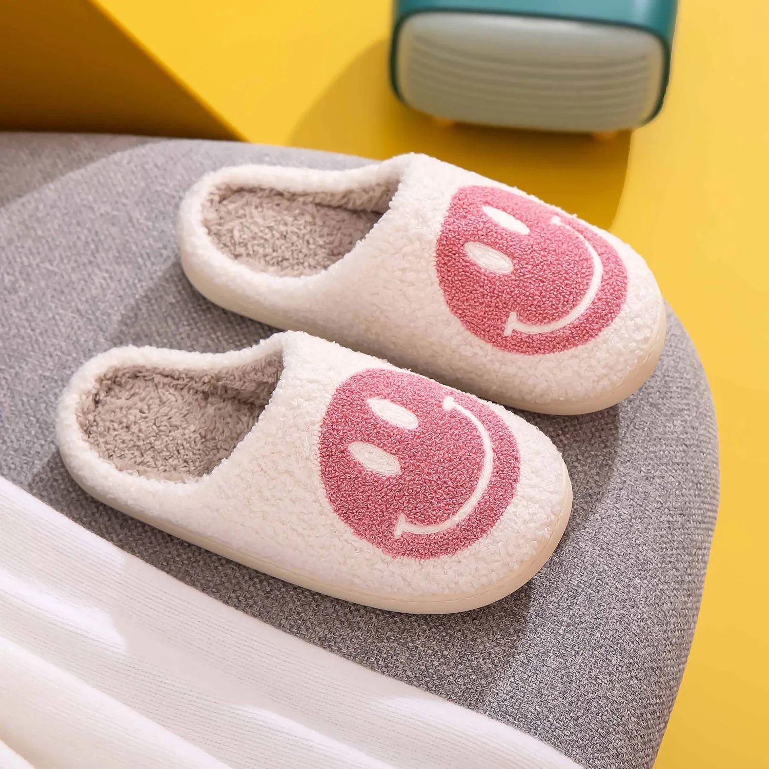 Smiley Face Slippers - White with Pink
