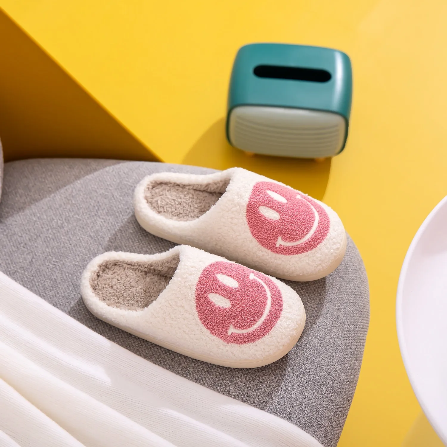 Smiley Face Slippers - White with Pink