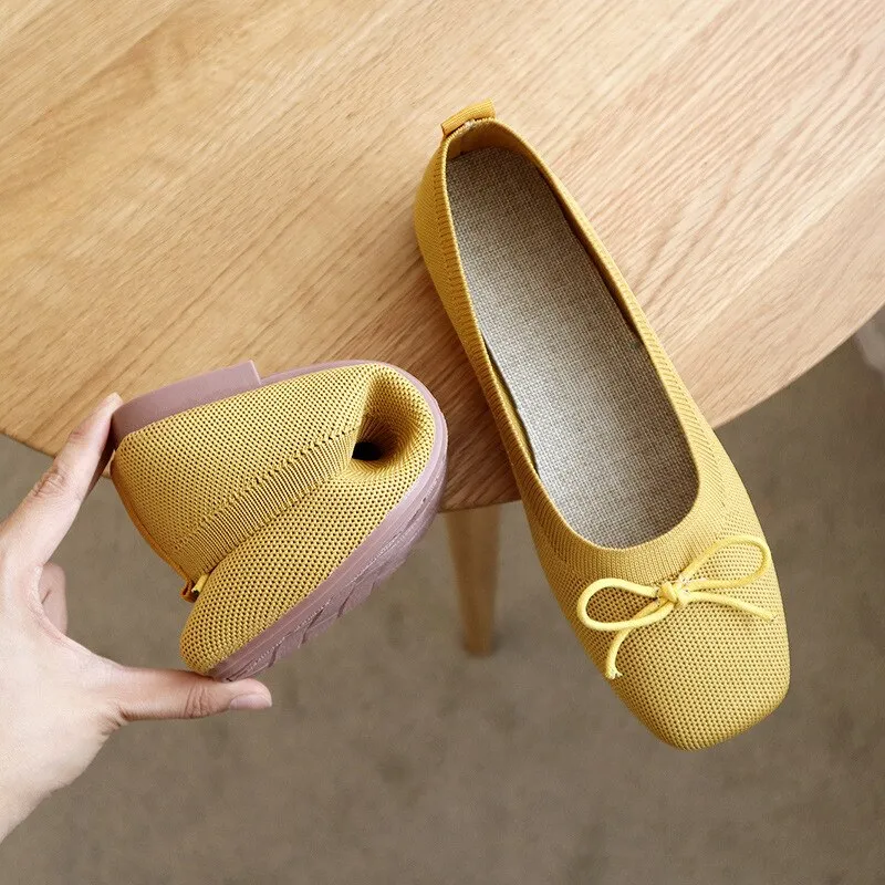 Womens Stretch Knitted Breathable Cozy Work Shoes Brief Slip-On Elasticity Ladies Flats Nurse Light Driving Butteryfly-Knot Fers