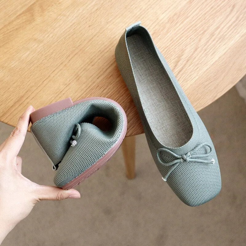 Womens Stretch Knitted Breathable Cozy Work Shoes Brief Slip-On Elasticity Ladies Flats Nurse Light Driving Butteryfly-Knot Fers