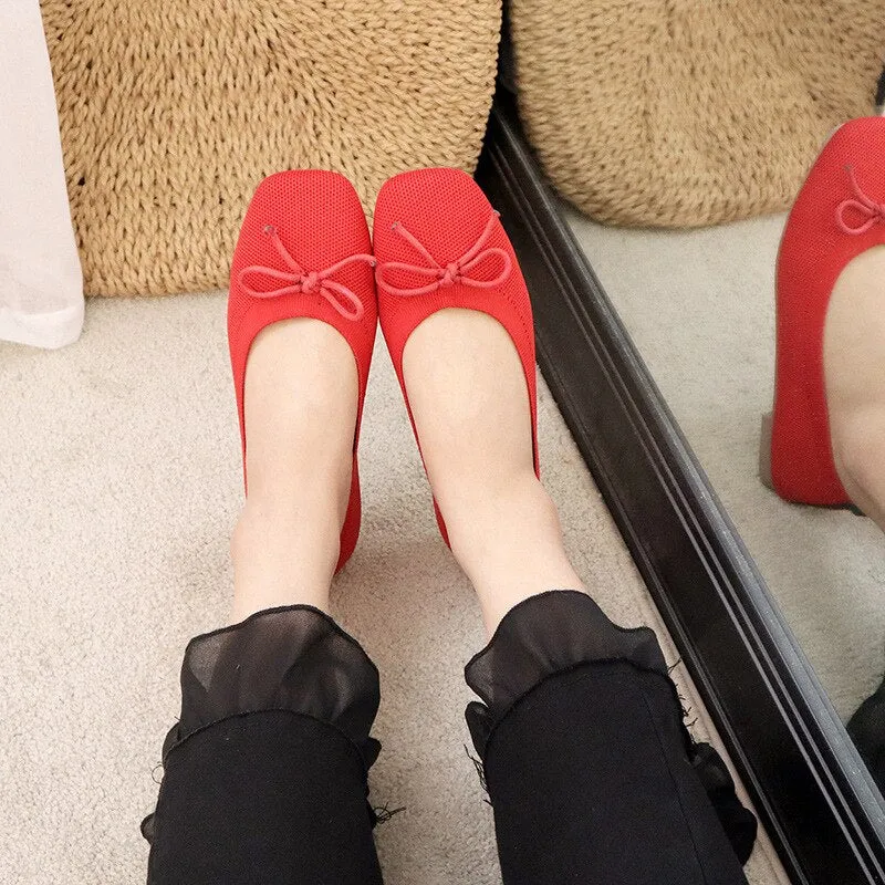 Womens Stretch Knitted Breathable Cozy Work Shoes Brief Slip-On Elasticity Ladies Flats Nurse Light Driving Butteryfly-Knot Fers