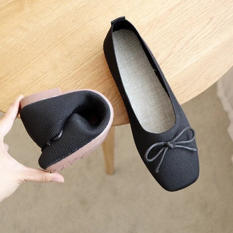 Womens Stretch Knitted Breathable Cozy Work Shoes Brief Slip-On Elasticity Ladies Flats Nurse Light Driving Butteryfly-Knot Fers