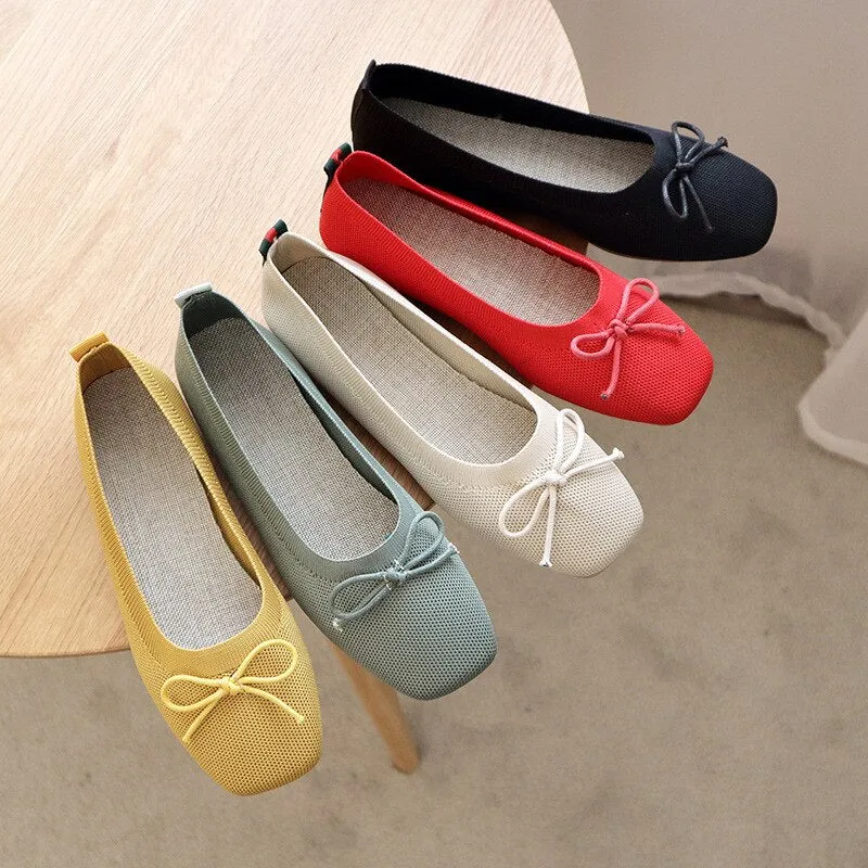 Womens Stretch Knitted Breathable Cozy Work Shoes Brief Slip-On Elasticity Ladies Flats Nurse Light Driving Butteryfly-Knot Fers