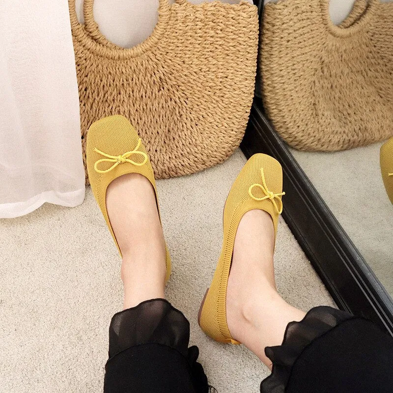 Womens Stretch Knitted Breathable Cozy Work Shoes Brief Slip-On Elasticity Ladies Flats Nurse Light Driving Butteryfly-Knot Fers